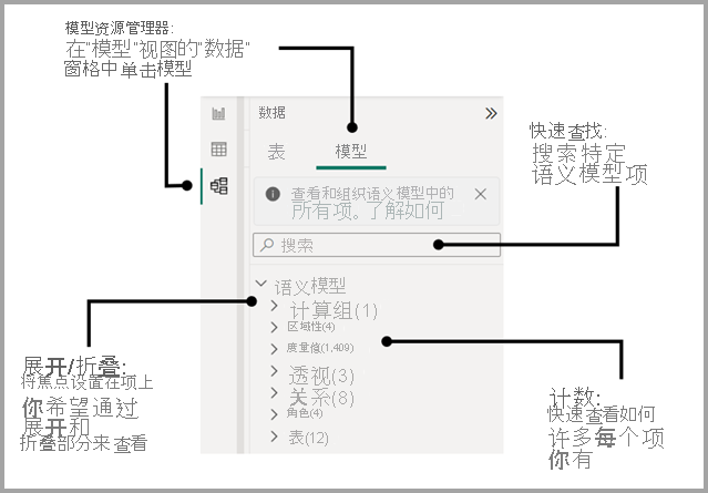 显示模型资源管理器区域以及它们如何在 Power BI 中操作的屏幕截图。