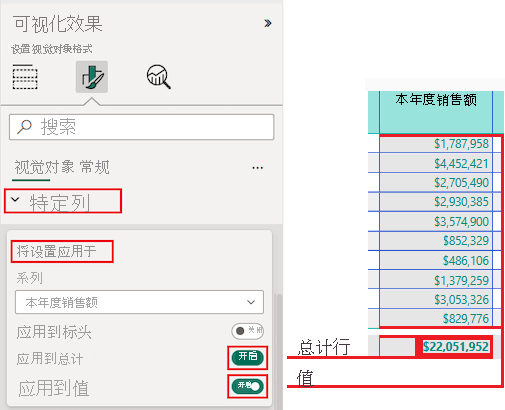 屏幕截图显示了如何设置“应用设置”选项，以对列标题、总计行和所有值使用格式设置更改。