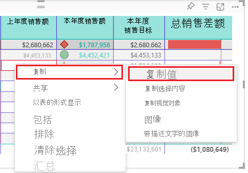 屏幕截图显示了如何复制单元格值以在其他应用程序中使用。