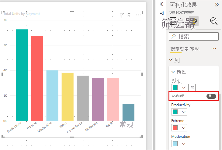 显示图表的屏幕截图，其中显示了应用于某些列的新颜色。