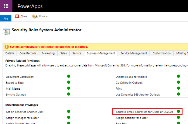显示“审批用户或队列的电子邮件地址”特权的屏幕截图。