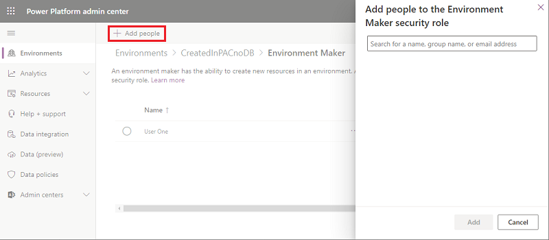 将用户添加到 Power Platform 管理中心的环境创建者角色的屏幕截图。