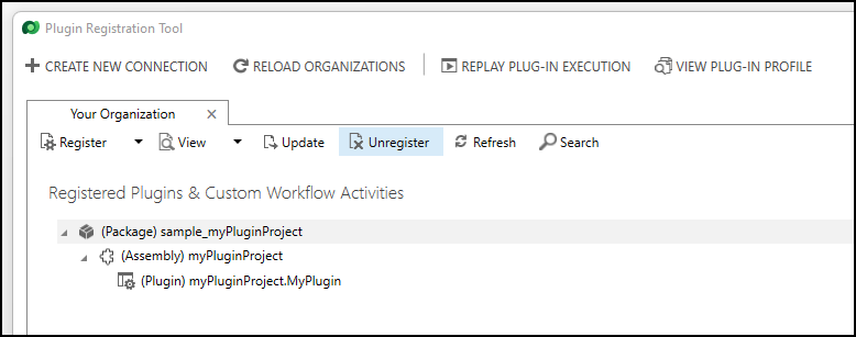 Showing the Unregister command while a plug-in package is selected.