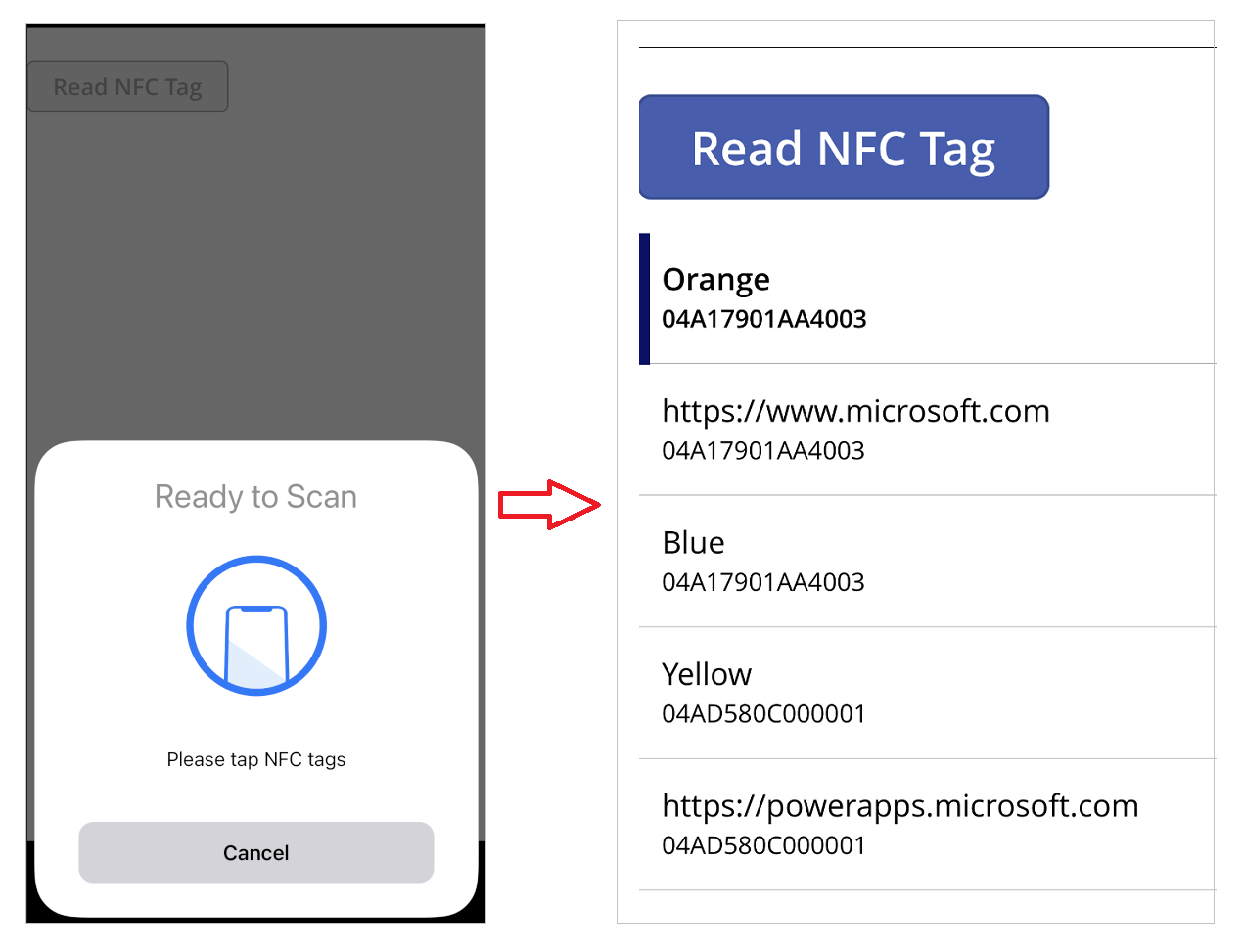 移动设备上的应用，显示 NFC 标记读取示例和库中的结果。