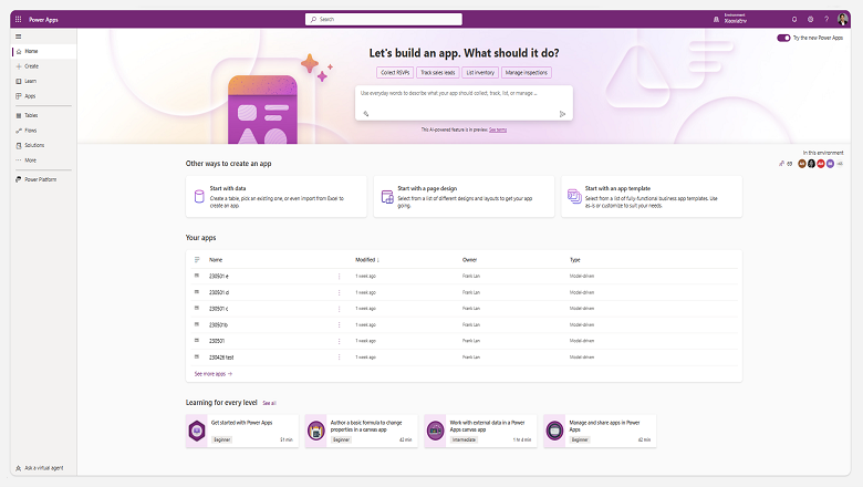 New Power Apps home page