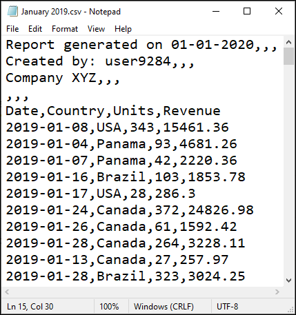 2019 年 1 月的示例 CSV 文件，其中显示了标题部分和其余数据，全部用逗号分隔。