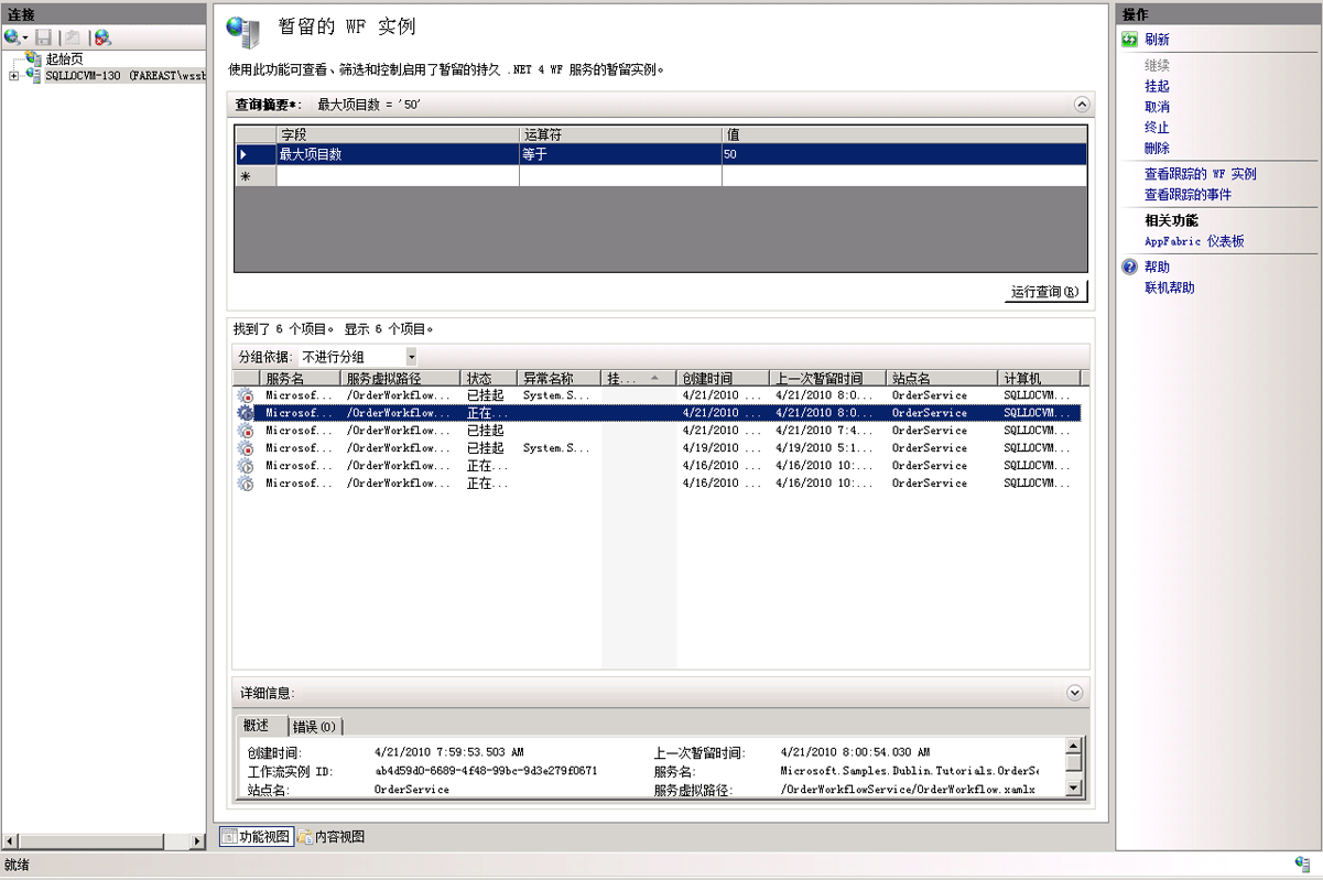 “暂留的 WF 实例”页面