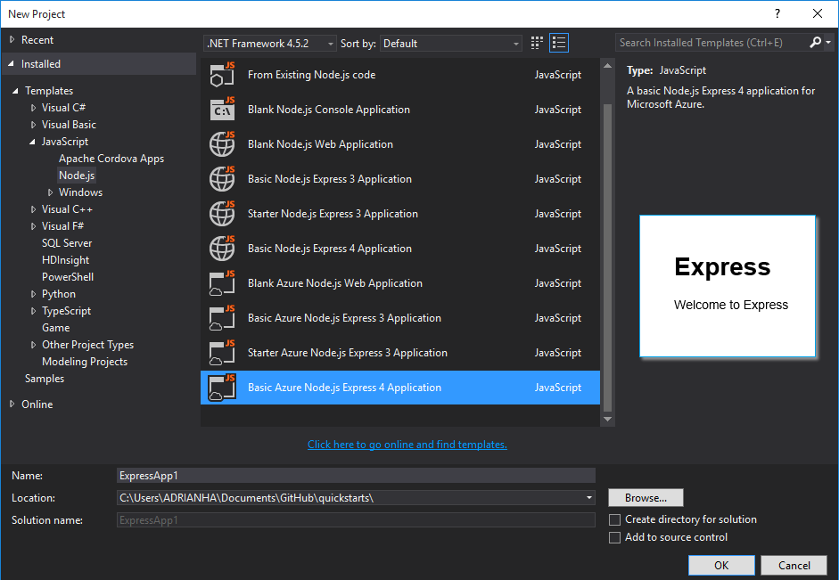 Visual Studio 2015 new project