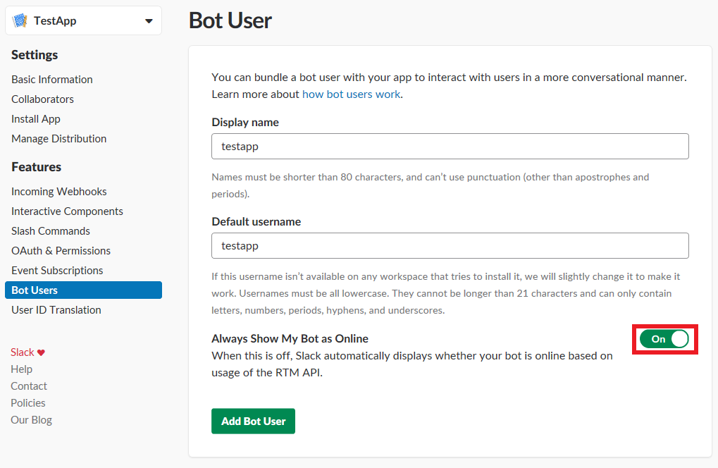 Slack CreateApp AddBotUser image