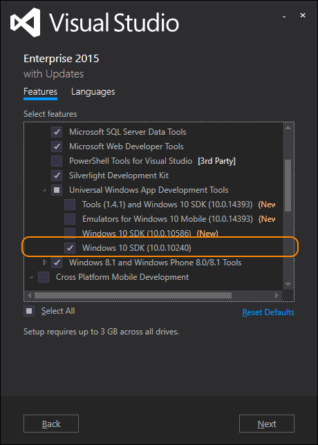 用于 Visual Studio 的 Data Lake 工具本地运行 Windows 10 SDK