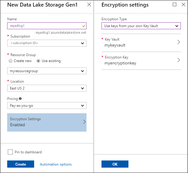 “新建 Data Lake Storage Gen1”边栏选项卡和“加密设置”边栏选项卡的屏幕截图。