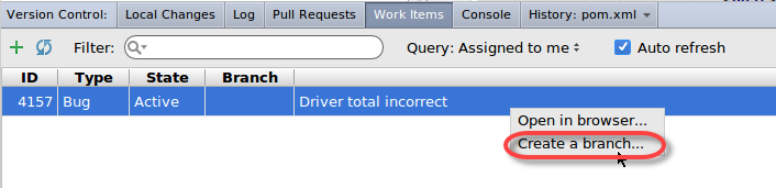 Create a branch from the Work Item