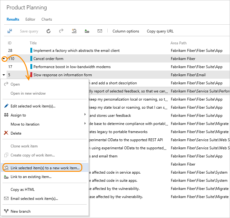Screenshot of Query results page, multi-select items, open context menu, choose Link to a new work item, TFS-2015 and eaqrlier versions