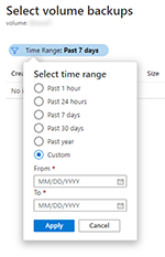 屏幕截图，显示备份选择边栏选项卡的时间范围选择。
