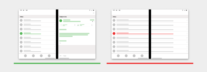 Diagram shows a list on one screen with content on the other instead of the list elements crossing the hinge.