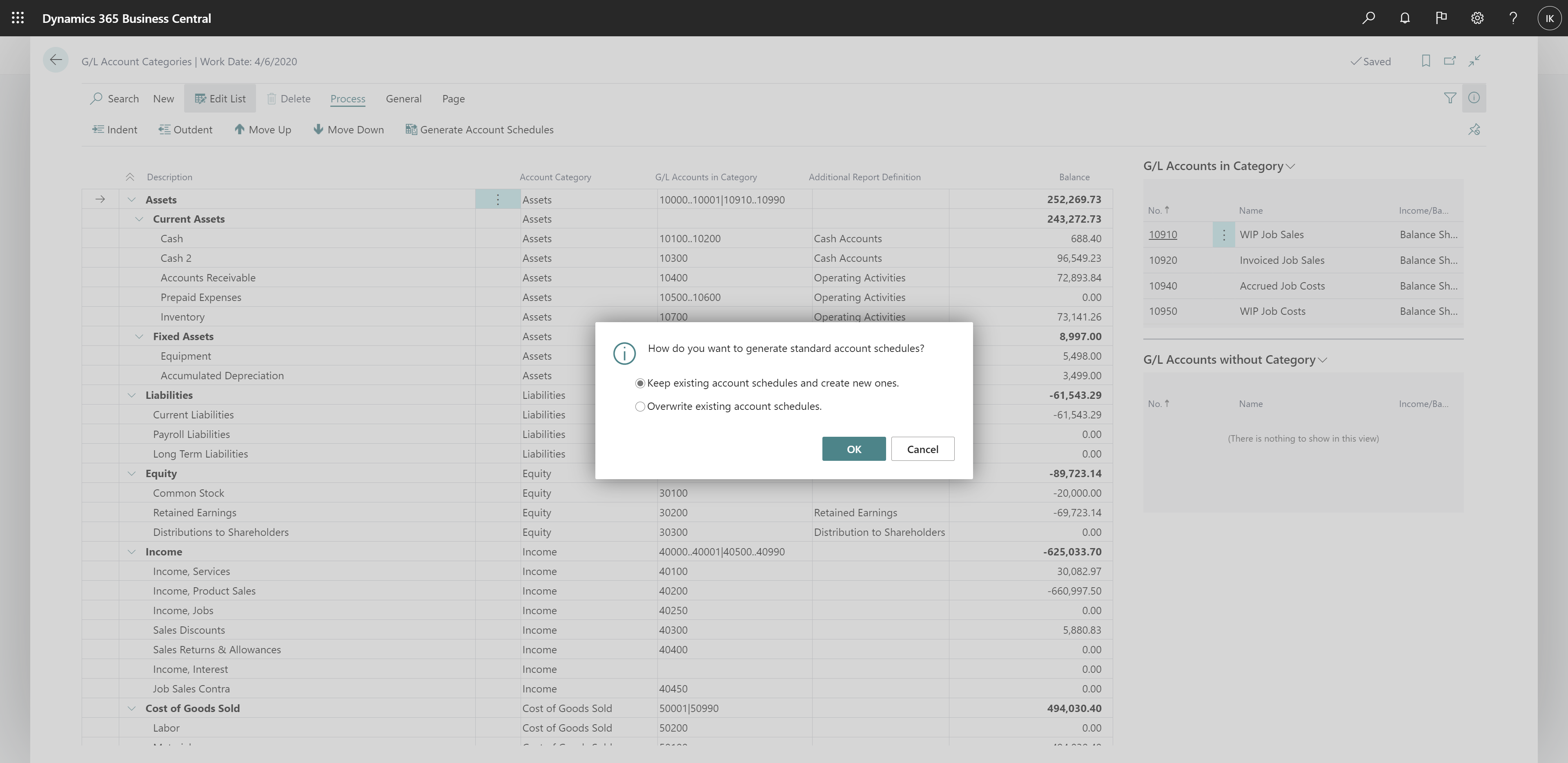 Shows Generate Account schedule action's confirmation message to keep or overwrite account schedules