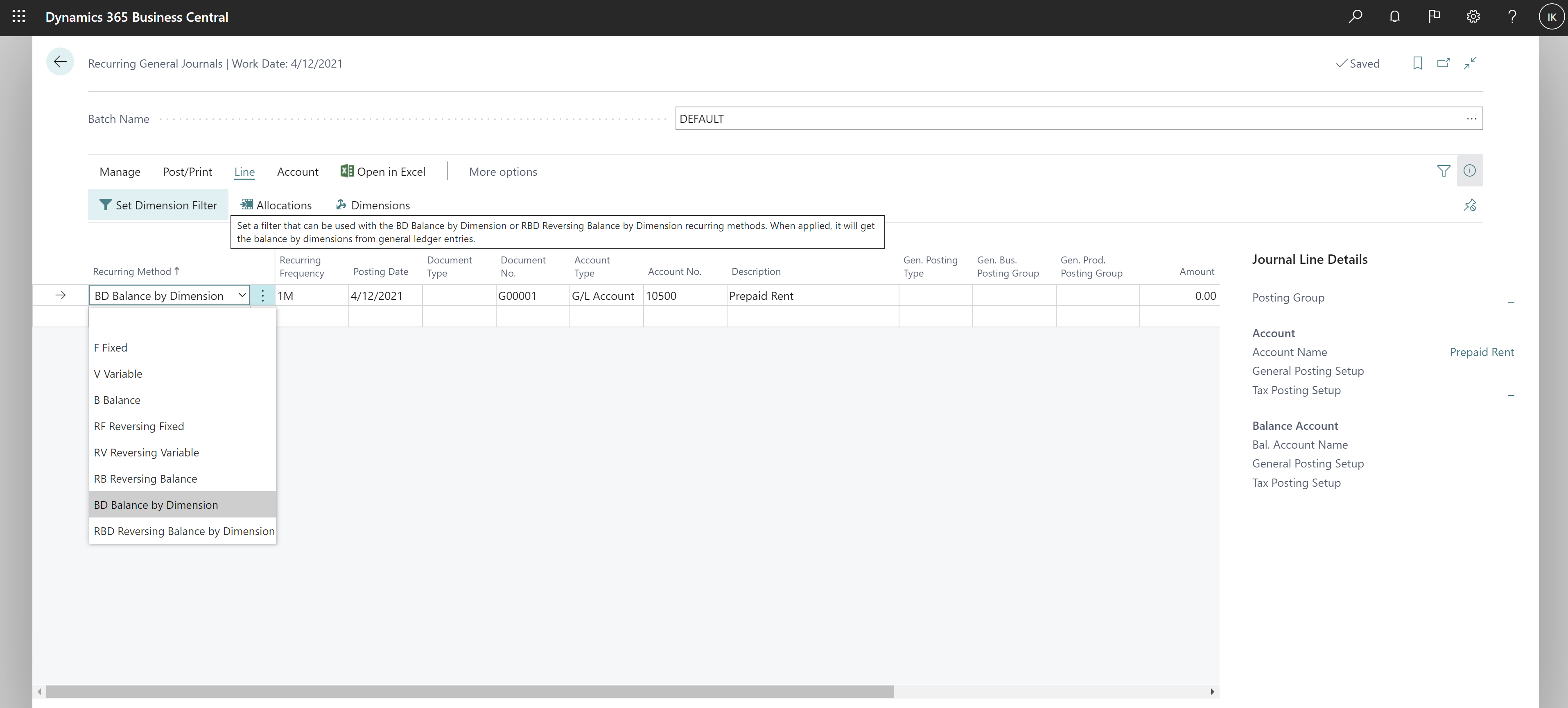 The new recurring methods in the Recurring General Journal with the Set Dimension Filters action