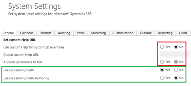 System Settings dialog showing the options to select to enable Learning Path authoring