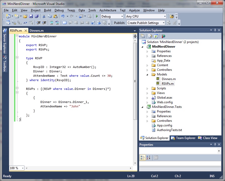 Shows Visual Studio project with RSVPs.m file.