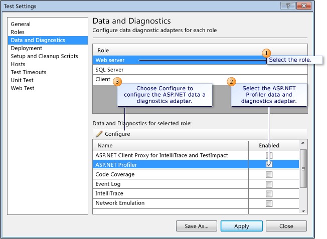 配置 ASP.NET 探查器的测试设置