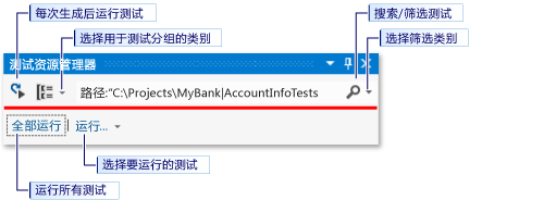 从测试资源管理器工具栏运行测试