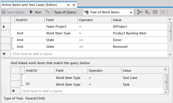 Example tree query filter criteria