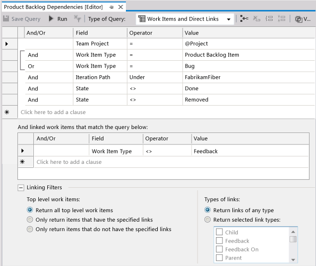 Example direct links query with dependencies