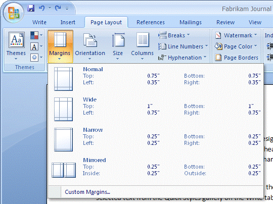 The Margins gallery in Word 2007