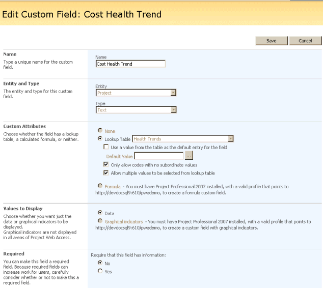 Creating Cost Health Trend custom field