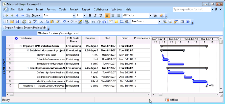 Results of importing the test file