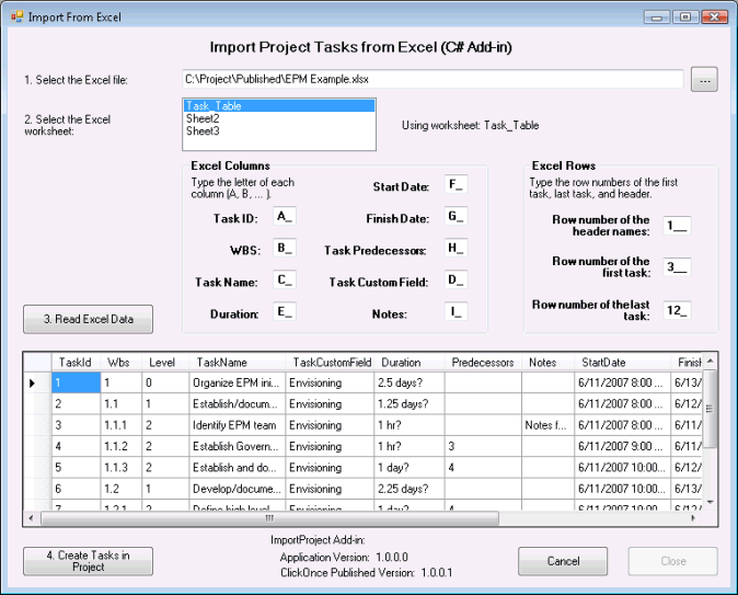 Using the Import From Excel dialog box