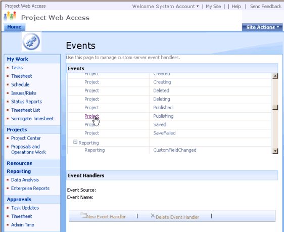 Selecting the Project Publishing event