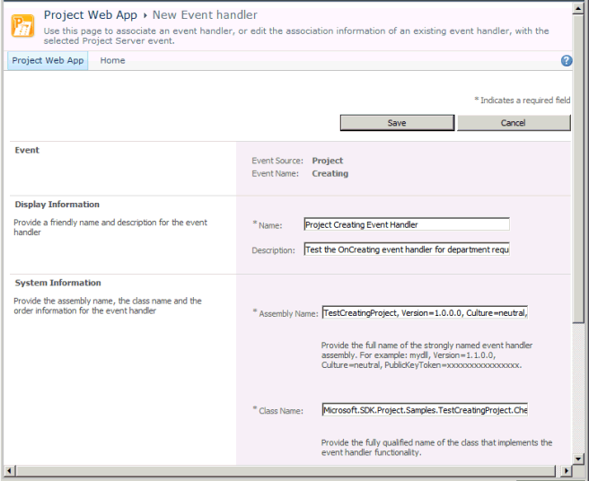 Configuring a new event handler in Project Web App