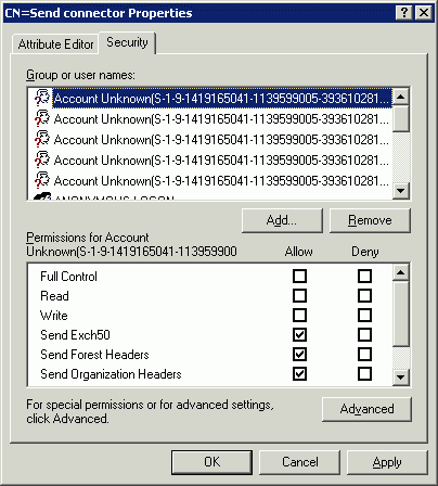 ADSI 编辑中的“发送连接器安全性”选项卡