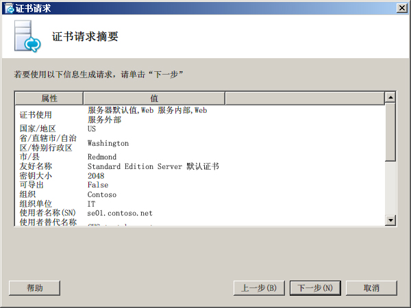 “证书请求摘要”对话框