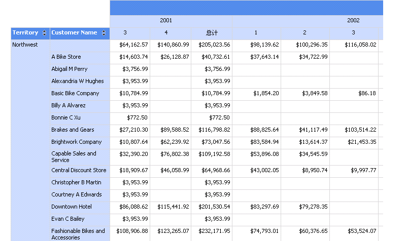 所呈现的具有嵌套列的矩阵报表。