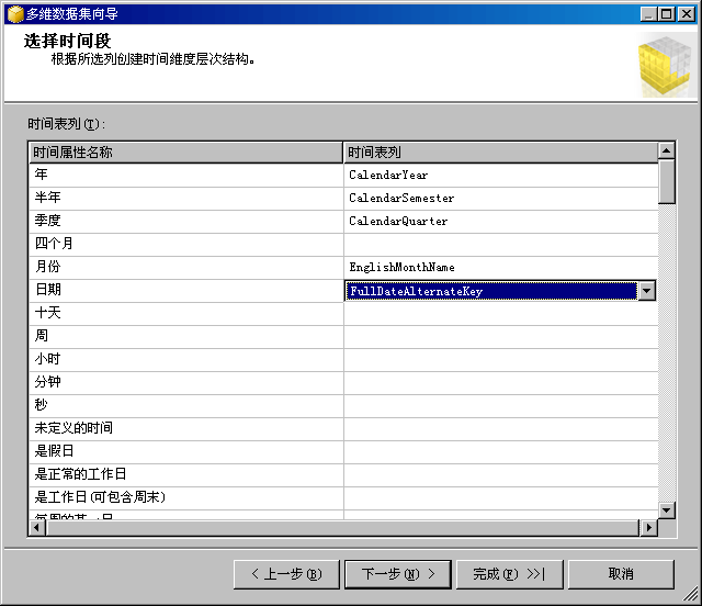 多维数据集向导：选择时间段