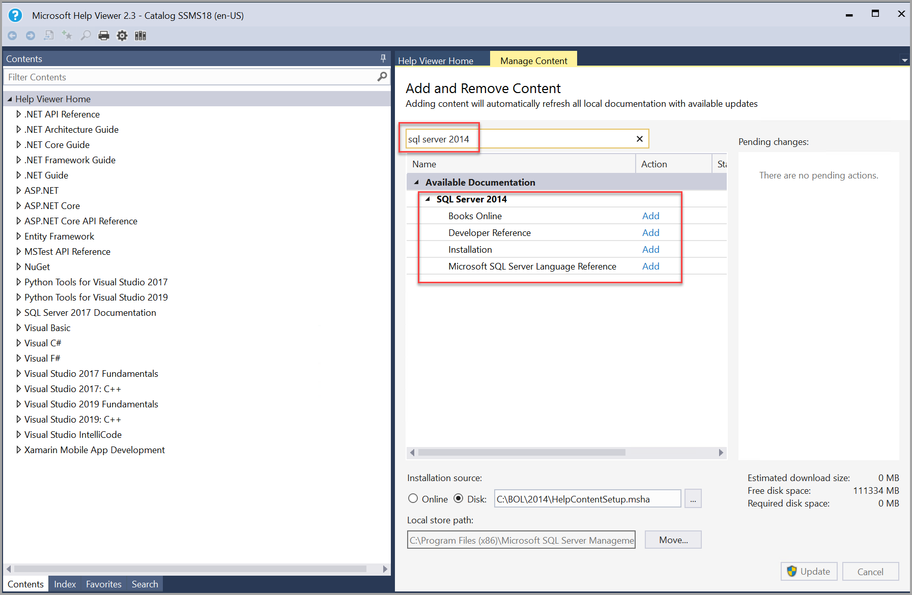 帮助查看器中的 SQL Server 2014 丛书搜索屏幕