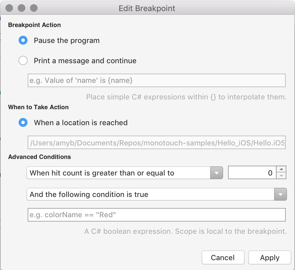 Edit Breakpoint conditions