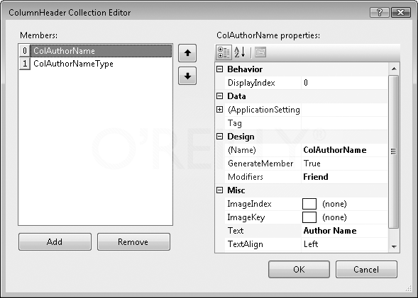 The ColumnHeader editor for a ListView control