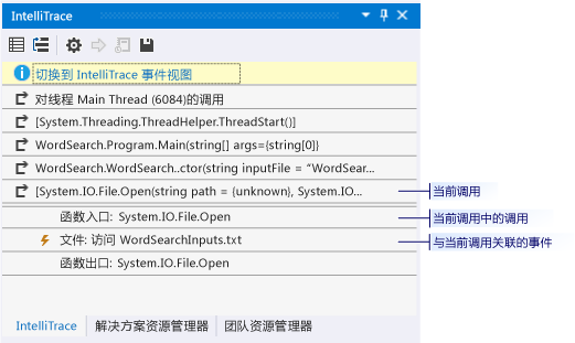 “IntelliTrace”窗口的“调用”视图