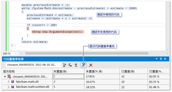 代码覆盖率结果和“显示颜色”按钮