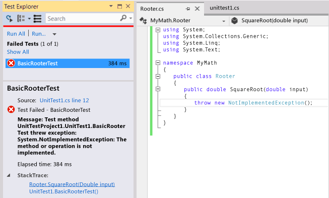 Unit Test Explorer showing failed test.