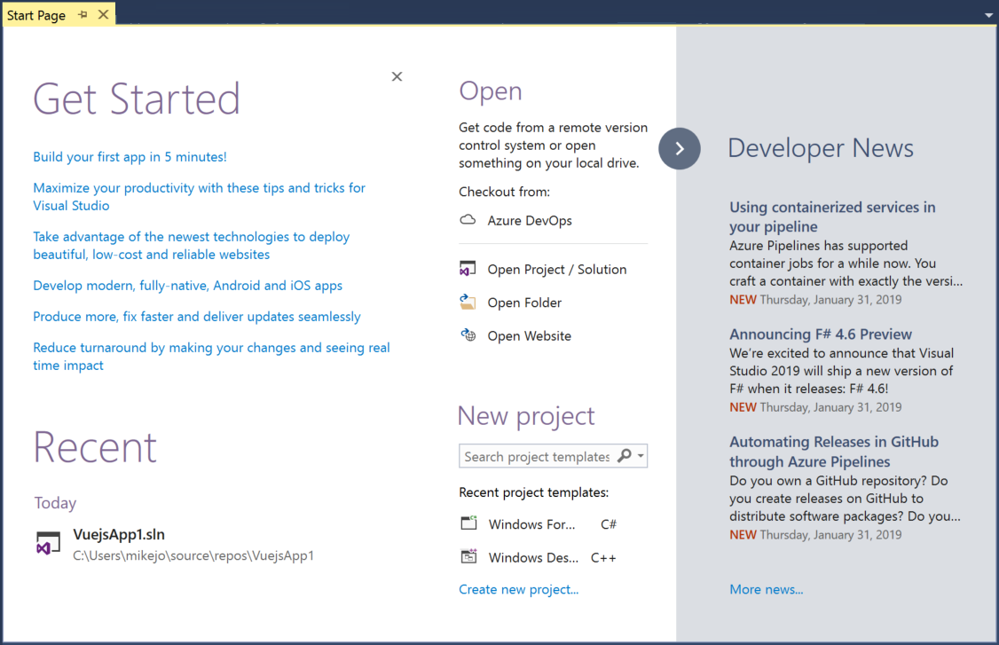 Start Page in Visual Studio