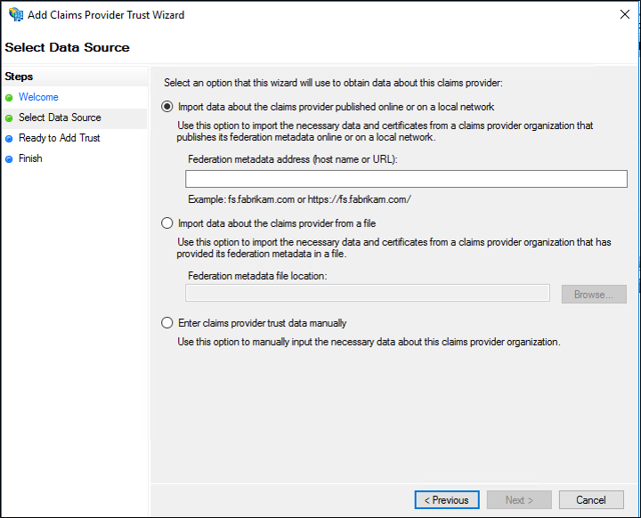 Screenshot that shows the Import data about the claims provider published online or on a local network option.