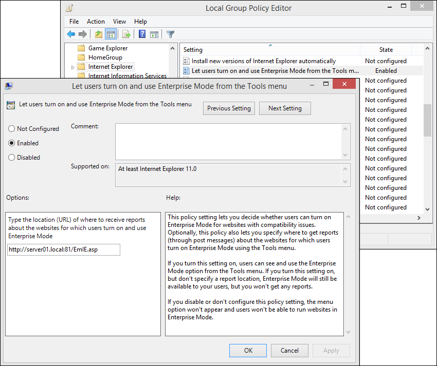 group policy editor with emie setting.