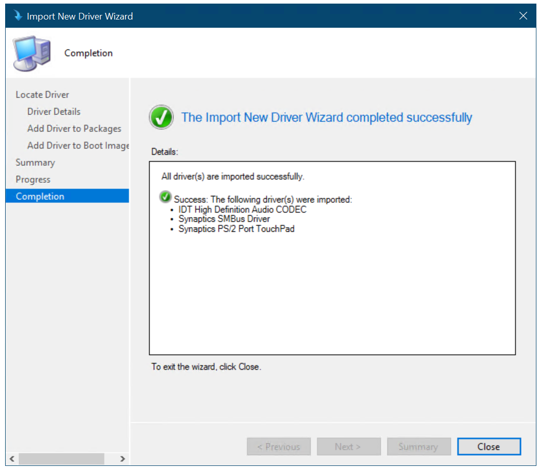 Drivers imported and a new driver package created.