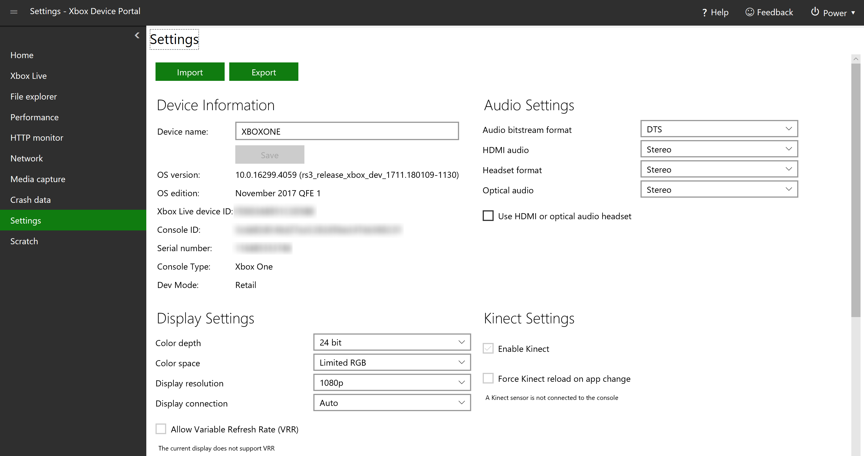 Screenshot of the Settings page showing the Device Information and Display settings sections.