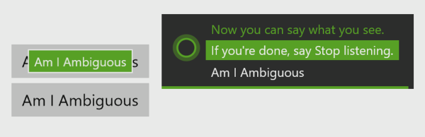 Screenshot of Active listening mode with the Now you can say what you see option displayed and he Am I Ambiguous label on the first button.