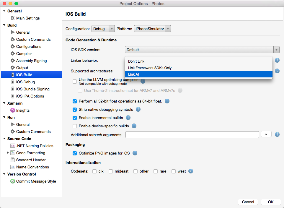 Linker options for Xamarin.iOS